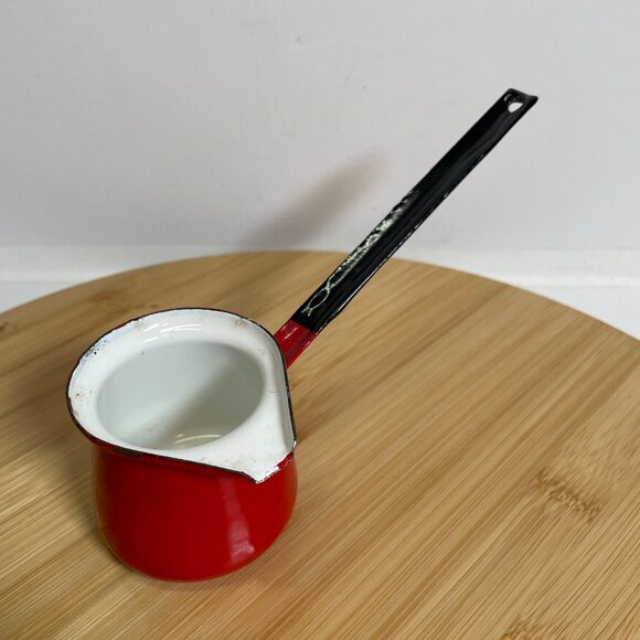 Vintage Red White Enamel Melting Pot Enamelware Butter Syrup Turkish Coffee - Picture 1 of 5